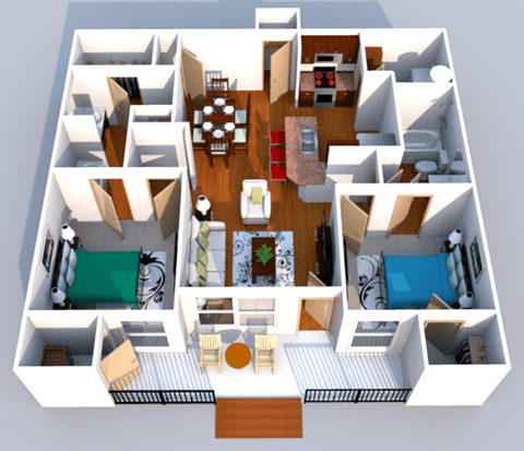 A 3D floor plan of a house showing the layout of the rooms.